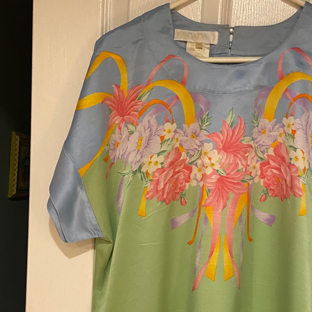 Vintage Escada Floral Silk Top with Ribbon Accents - Picture 7 of 10